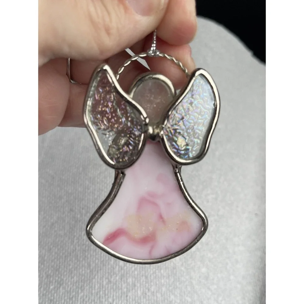 GANZ Charm Pink Stained Glass Angel Ornament  Holding A Flower Charm Sun Catcher